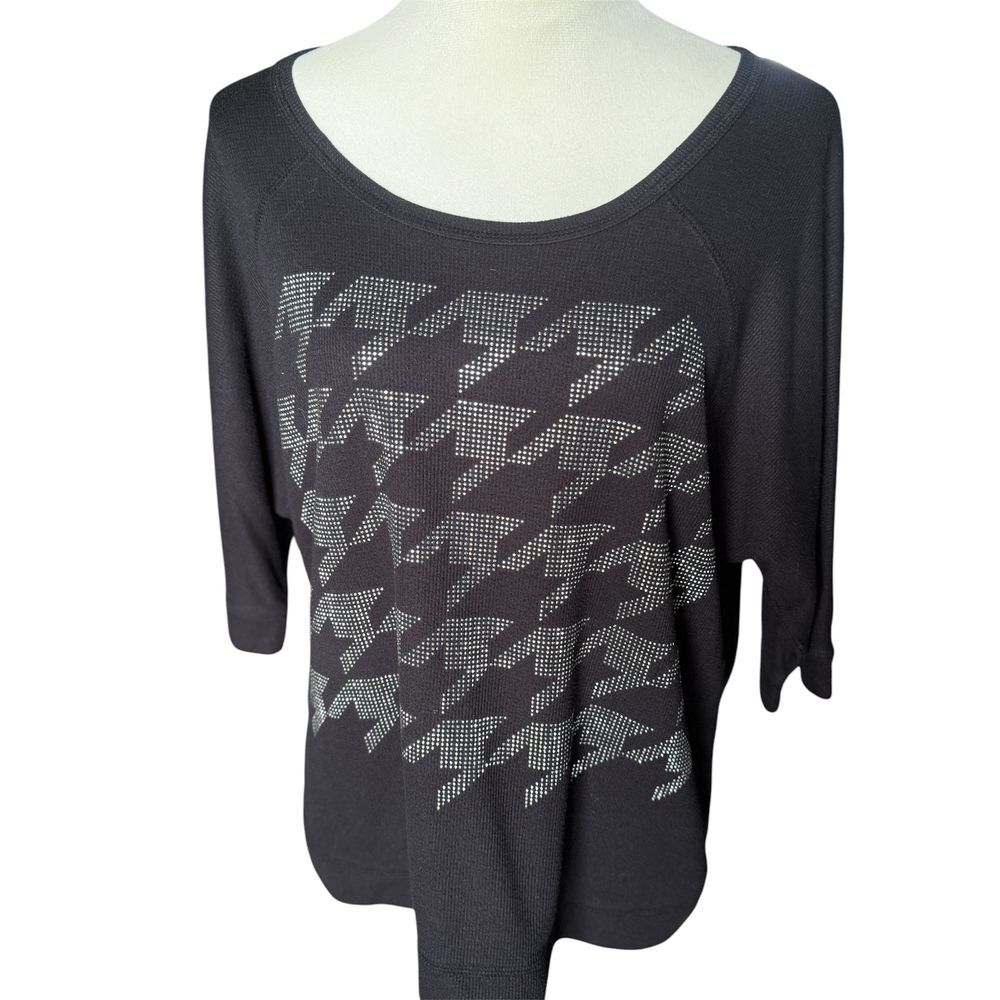 One World Black Houndstooth Studded Knit Top Casual 3/4 Sleeve Scoop Neck Size L
